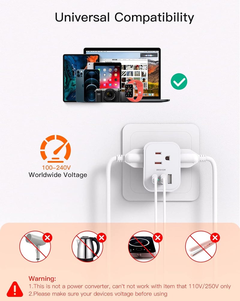 BESHON [2 Pack] US to UK Travel Plug Adapter, Type G Power Adapter with 3 AC and 3 USB(2 USB C), International Plug Adapter, Travel Essentials for USA to England London Scotland British Qatar Irish Hongkong - Image 5